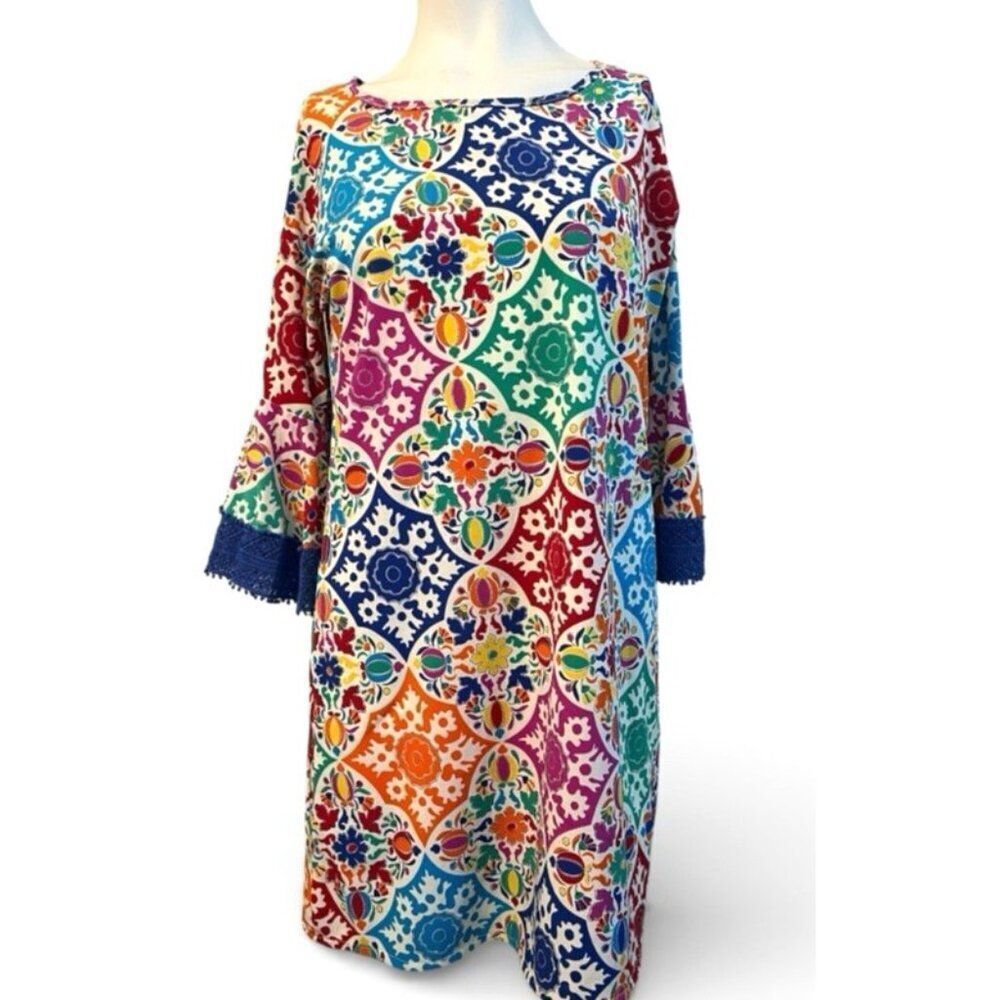 Judith March Large Bright Primary Colors Dress Boho Flared Lace 3/4 Sleeves